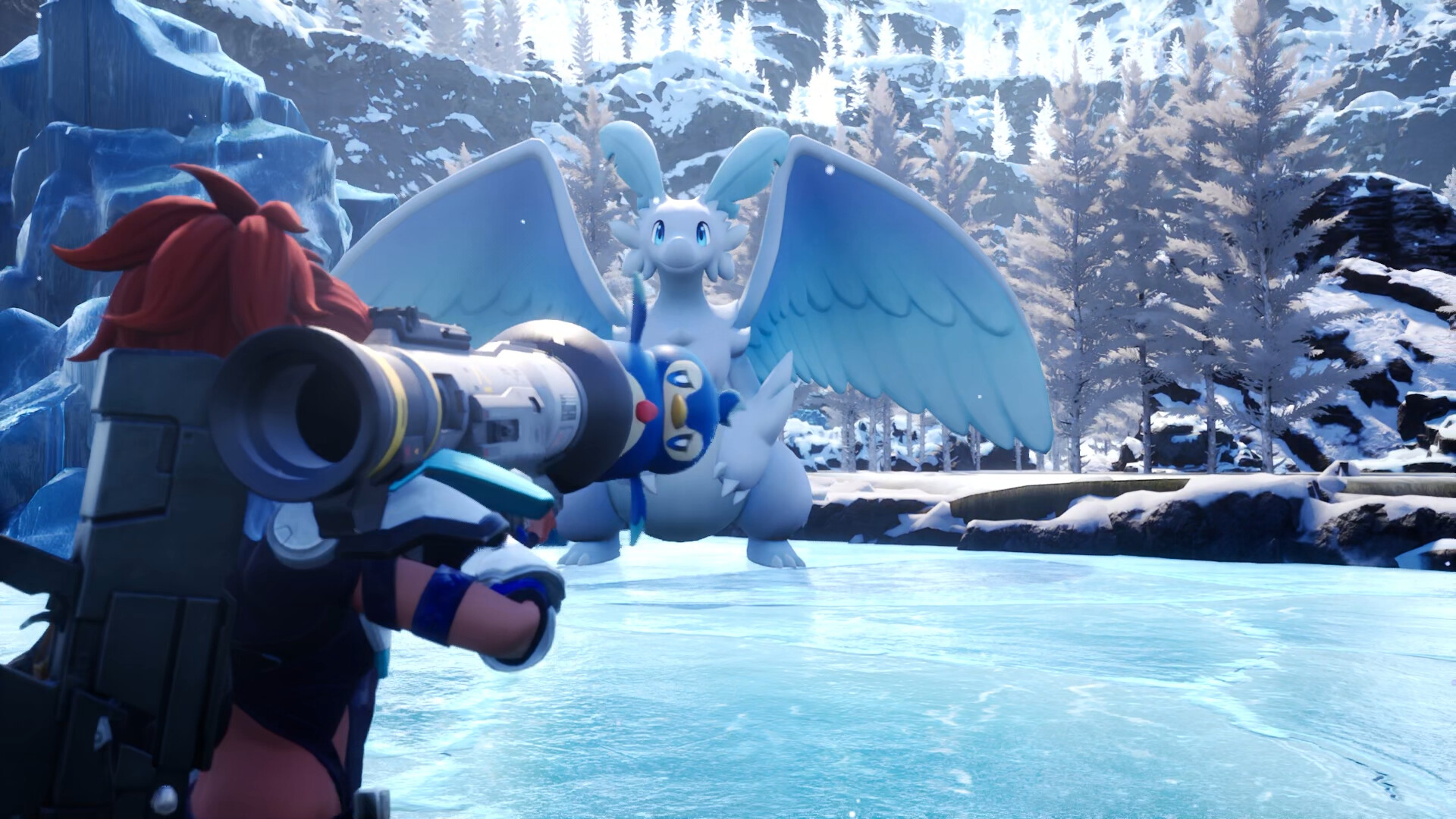 A Palworld player facing a large winged Pal in a snowy valley