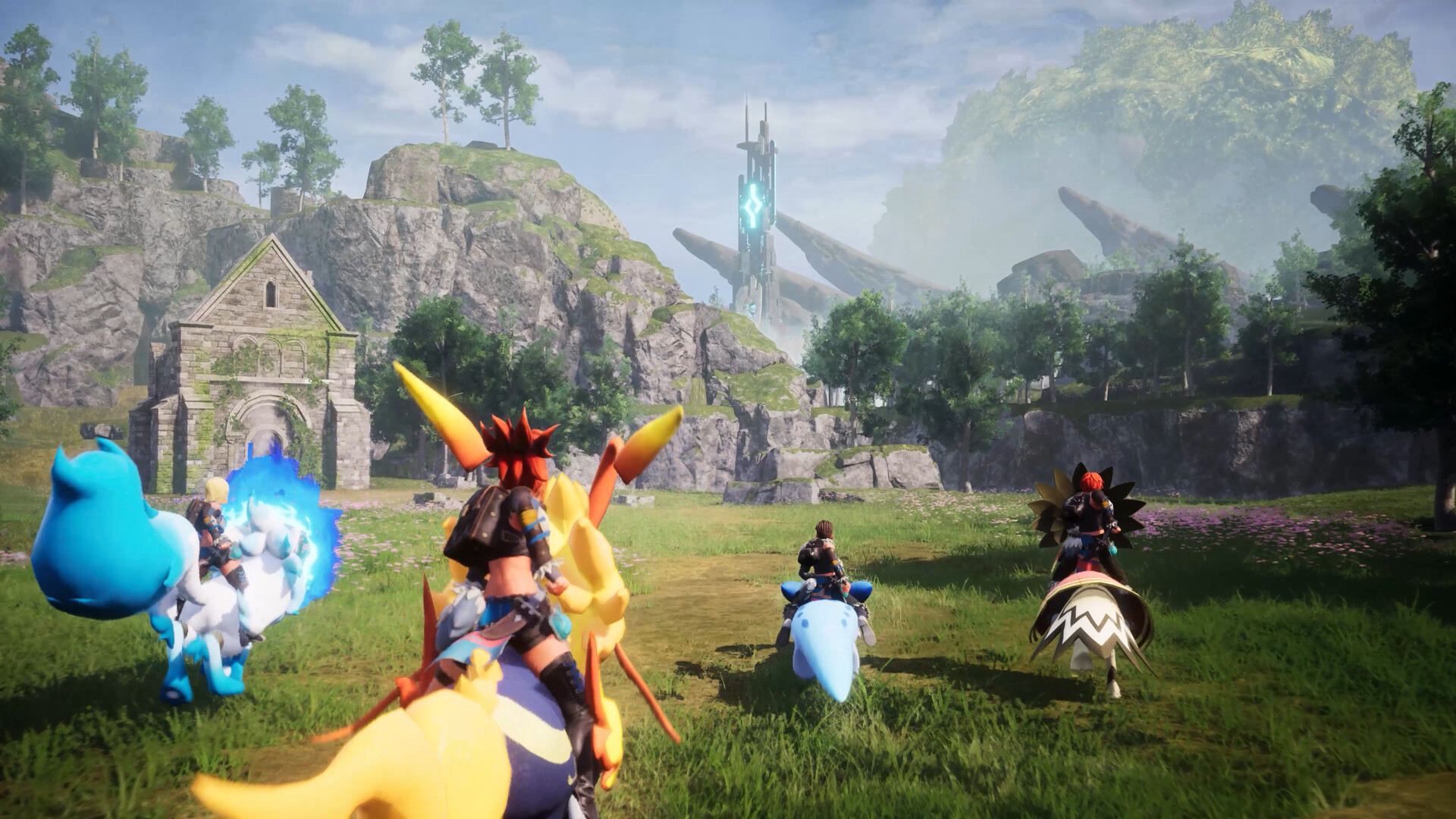 Players riding Pals through the open world in Palworld 1.0